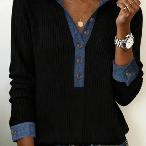 Black Ribbed Knit Patchwork Denim Hooded Top