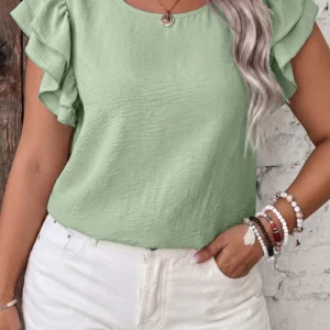 Clearly Aqua Plus Size Crew Neck Top with Double Ruffle Sleeves