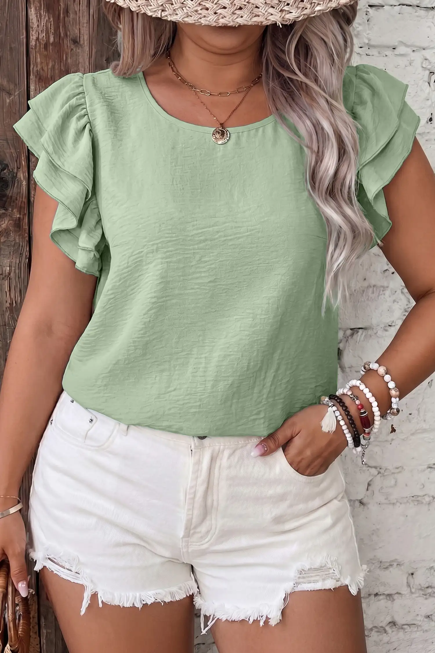 Clearly Aqua Plus Size Crew Neck Top with Double Ruffle Sleeves