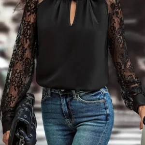 Black Keyhole Lace Raglan-Sleeve Blouse
