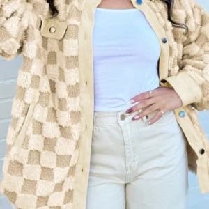 Khaki Plush Plaid Shacket with Corduroy Trim & Metal Buttons