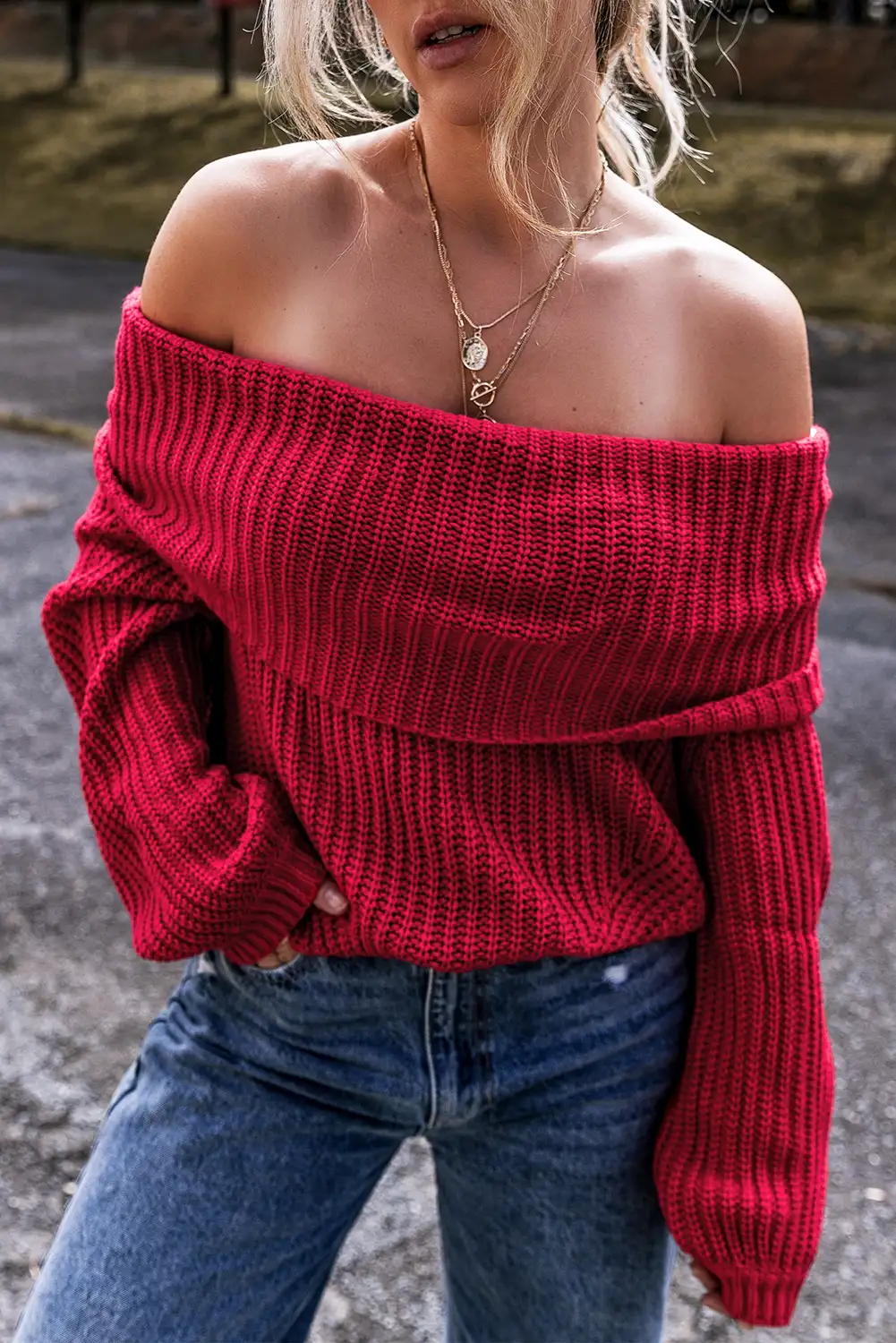 Relaxed knit sweater styled for a sunlit afternoon
