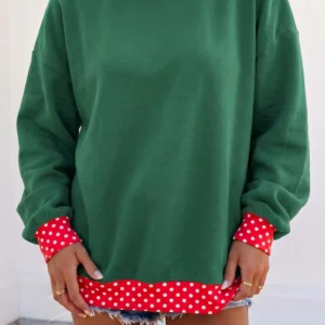 Dark Green Colorblock Polka Dot Contrast Trim Oversized Sweatshirt