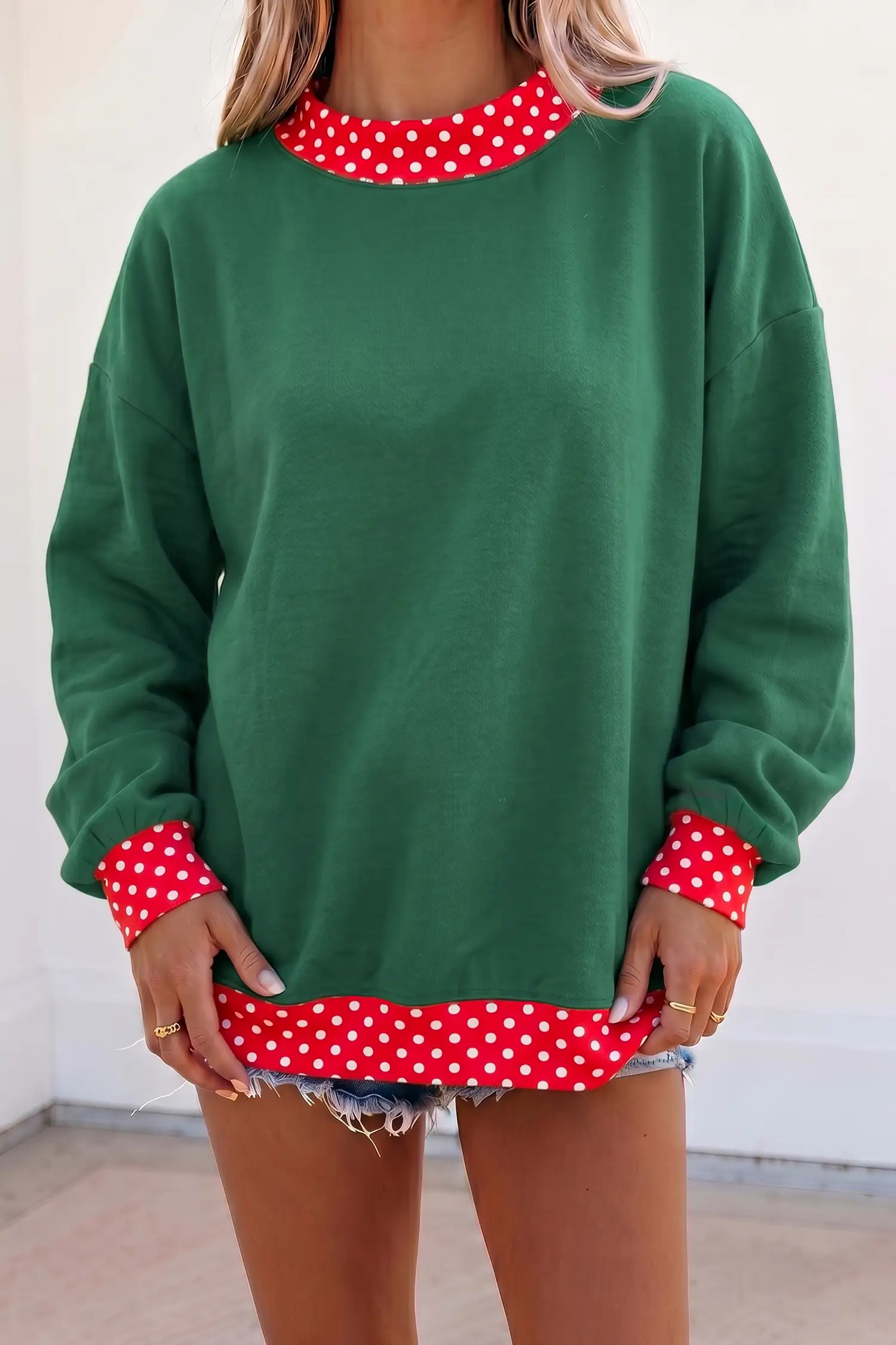 Dark Green Colorblock Polka Dot Contrast Trim Oversized Sweatshirt