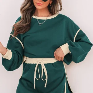 Evergreen Color-Contrast Loose Pullover & Lace-Up Skort Set