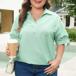 Mint Green Striped Short Sleeve Collar V Neck Blouse Plus Size