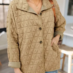 Elegant Khaki Quilted Funnel Neck Jacket