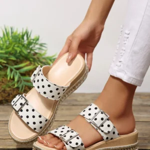 White Polka Dot Platform Slippers with Double Buckle Straps
