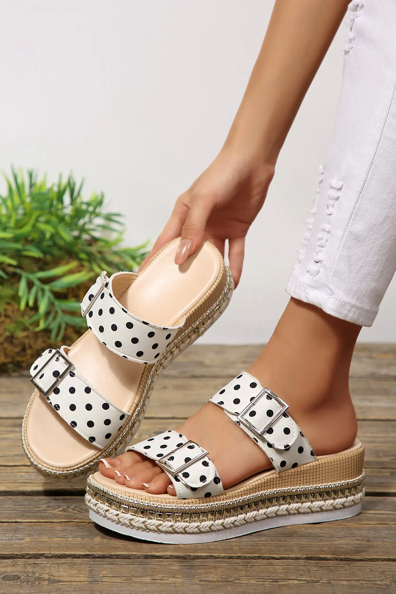 White Polka Dot Platform Slippers with Double Buckle Straps
