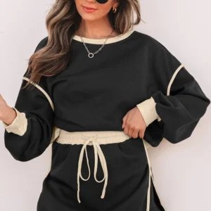 Black Color-Contrast Loose Pullover & Lace-Up Skort Set