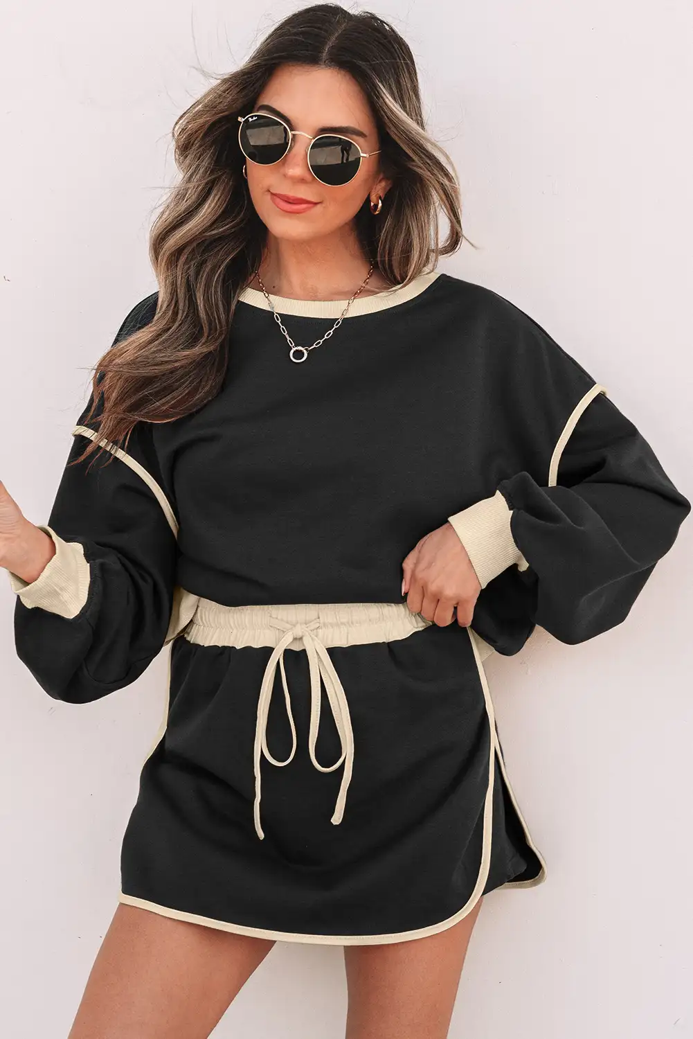 black two-piece — Black Color-Contrast Loose Pullover & Lace-Up Skort Set