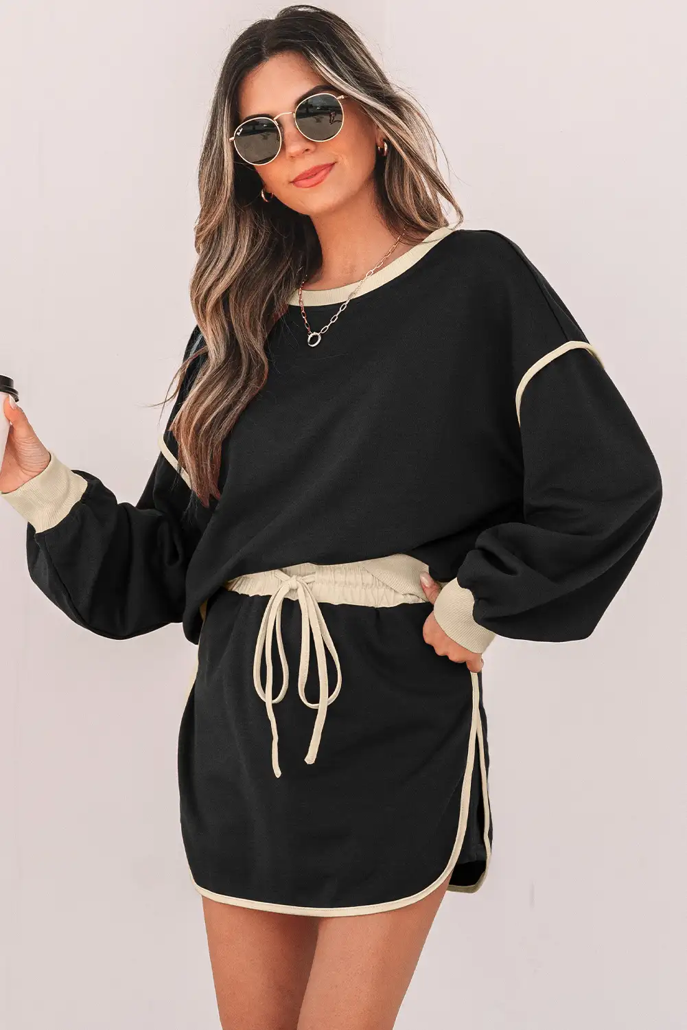 Drop-shoulder pullover in soft natural daylight