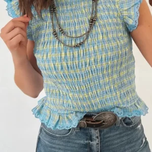 Multicolour Gingham Smocked Tank Top with Lace Trim
