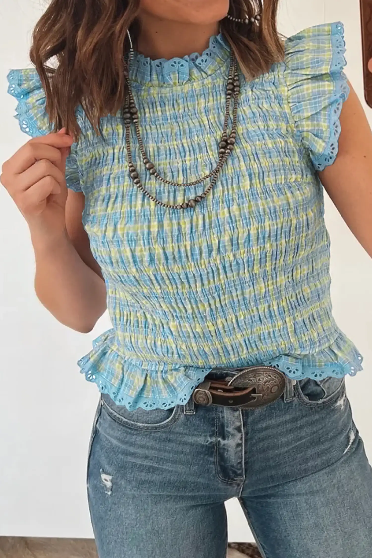 Multicolour Gingham Smocked Tank Top with Lace Trim