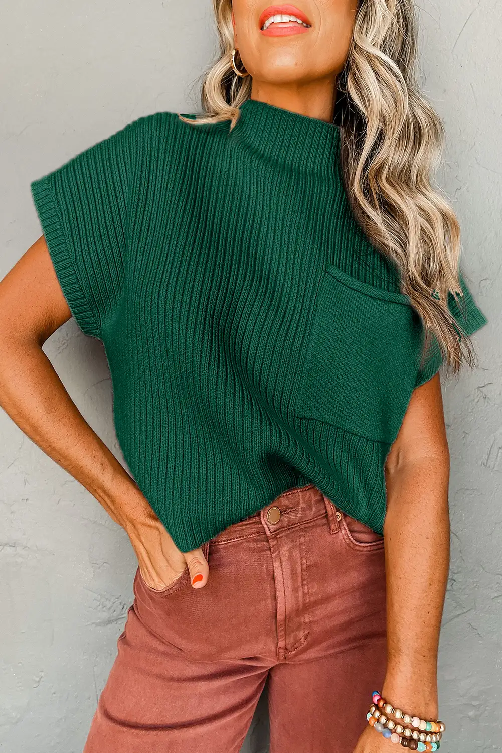 Blackish Green Ribbed Knit Short Sleeve Sweater