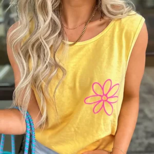 Yellow Cream Floral Graphic Tank Top – Casual Sleeveless Summer