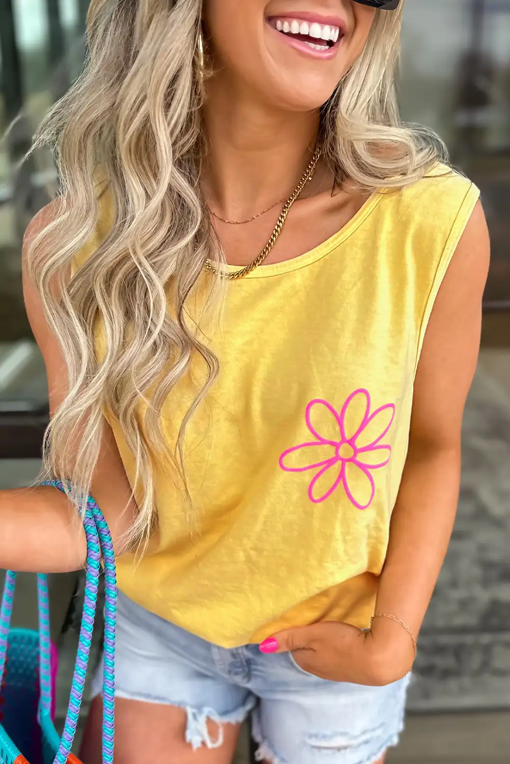 Yellow Cream Floral Graphic Tank Top – Casual Sleeveless Summer