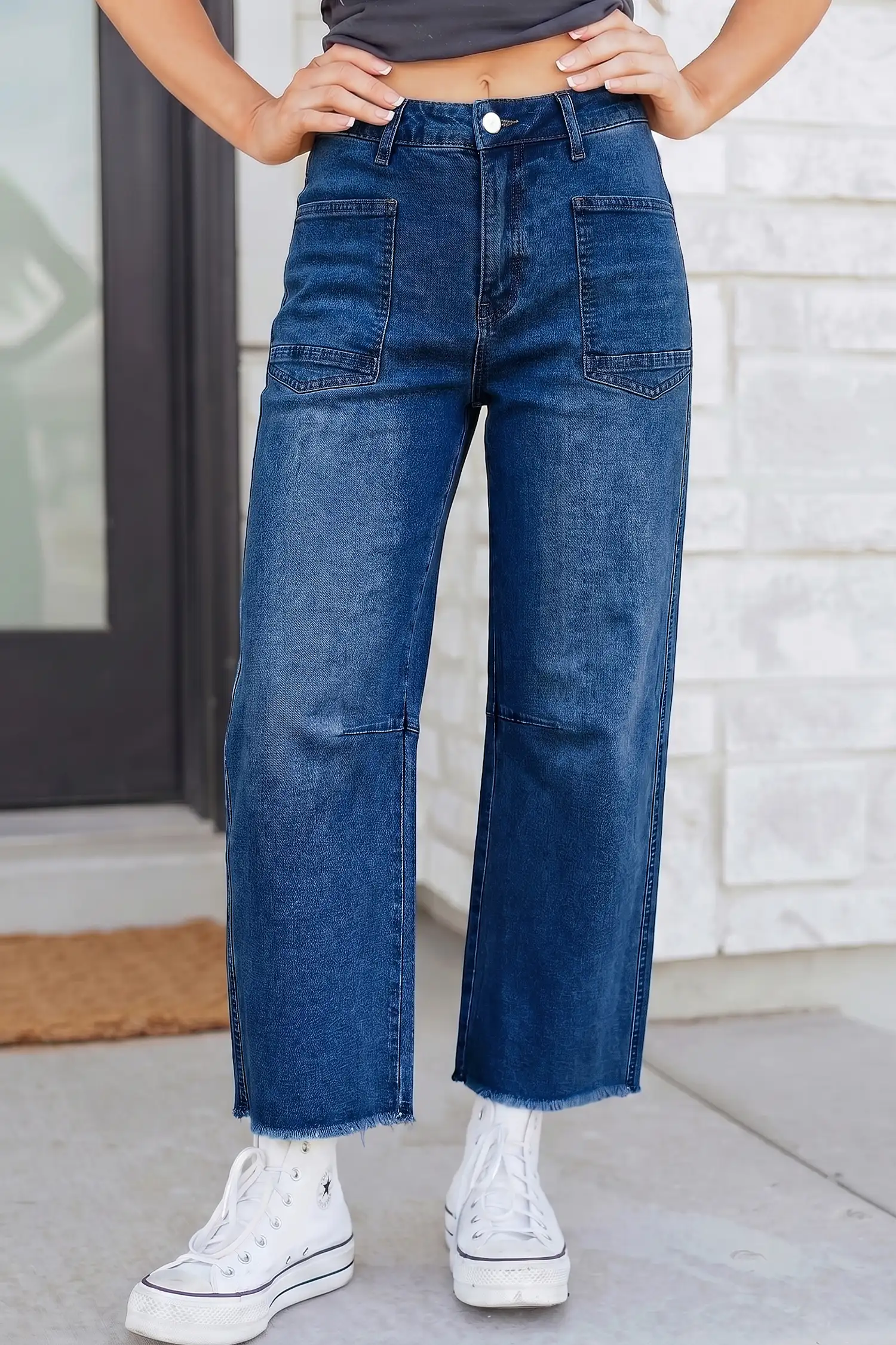 Sail Blue Frayed Cropped Barrel Jeans – Patchwork Denim