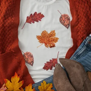 Autumn Inspired Sequined Leaves Graphic T Shirt for Casual Halloween Celebrations