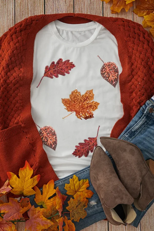 Sequined Leaves Graphic T Shirt