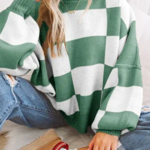 Green Checkered Bishop-Sleeve Knit Sweater