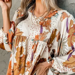 Floral Multicolour V Neck Babydoll Blouse