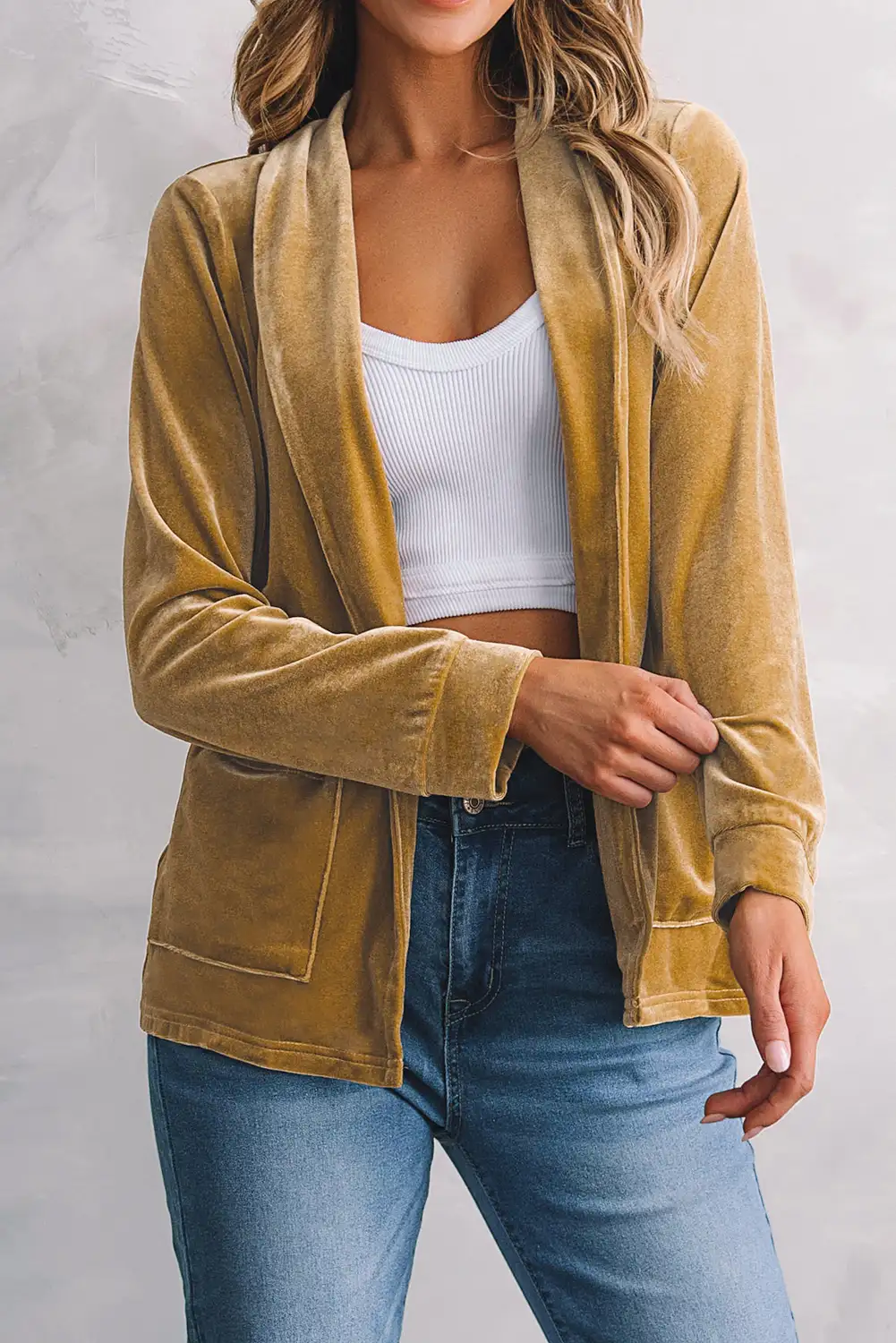 Velvet Open Front Blazer in Yellow - Southern Belle Style
