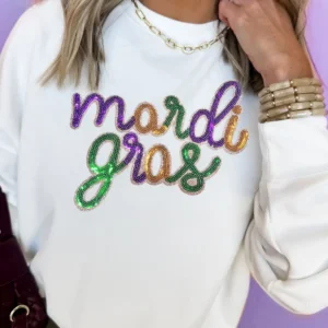 White Sequined Mardi Gras Graphic Sweatshirt – Drop Shoulder Crew Neck