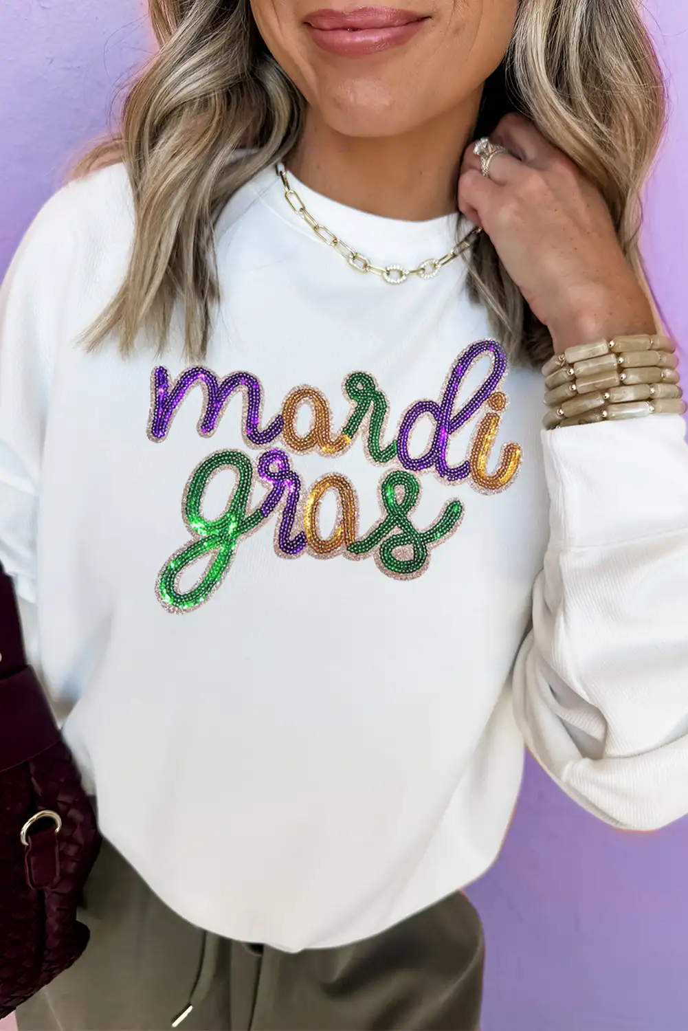 White Sequined Mardi Gras Graphic Sweatshirt – Drop Shoulder Crew Neck