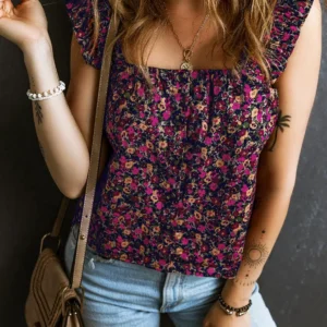 Rose Boho Floral Tank Top with Frilled Straps