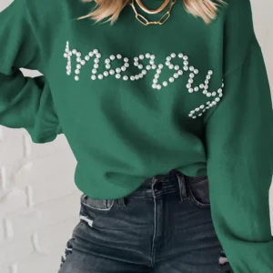 Blackish Green Pearl Beaded Merry Christmas Sweater