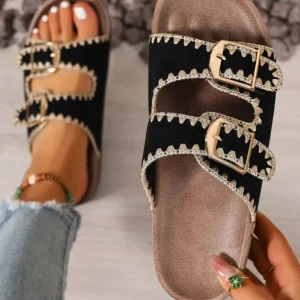 Black Embroidered Faux Suede Slippers with Retro Buckle Straps
