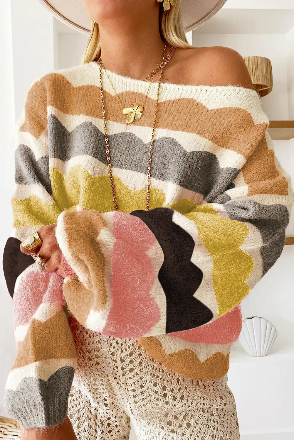Chic Yellow Wave Striped Balloon Sleeve Sweater