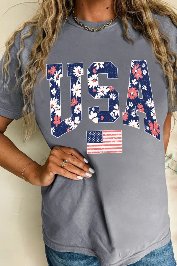 Casual Gray USA Flag Print T-Shirt