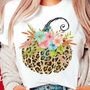 Floral Leopard Pumpkin Graphic T-Shirt for Trendy Halloween Casual Style Lovers