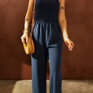 Navy Smocked Flutter Sleeve Jumpsuit