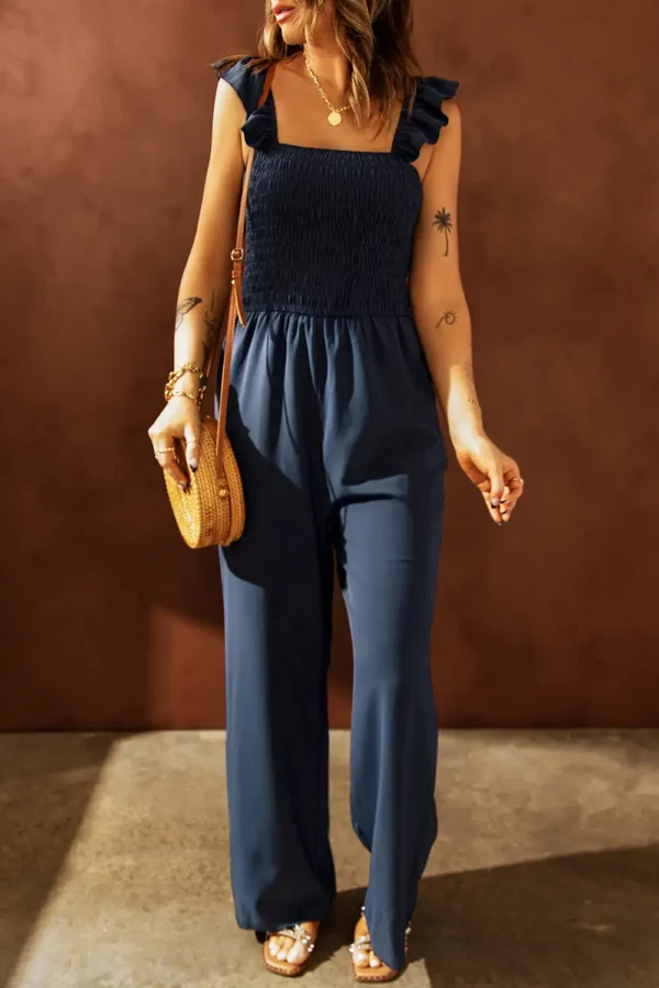 Navy Smocked Flutter Sleeve Jumpsuit