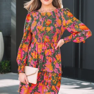 Multicolour Floral Smocked Long-Sleeve Mini Dress