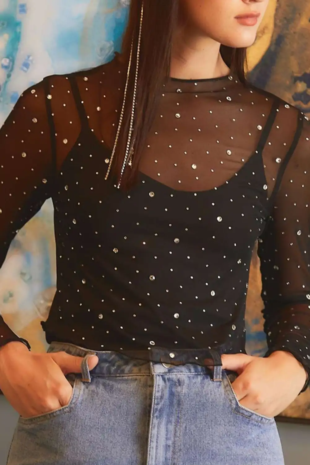 Black Rhinestone Sheer Mesh Slim-Fit Long Sleeve Top