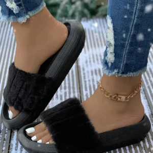 Cozy Black Plush Band Home Slippers