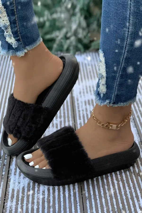 Cozy Black Plush Band Home Slippers