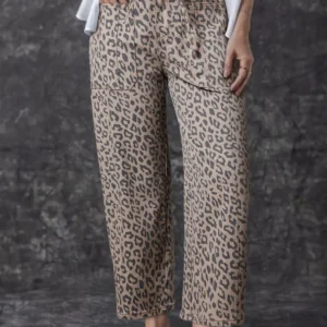 Khaki Leopard Print Drawstring Barrel Jeans with Pockets
