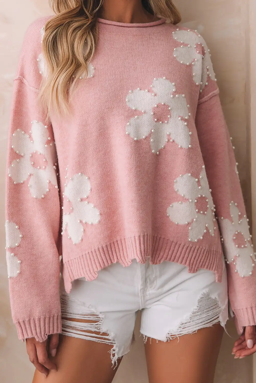 Pearl Beaded Floral Sweater