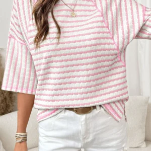 Pink Stripe Textured Knit Top with Split Hem - Loose Fit Short Sleeve