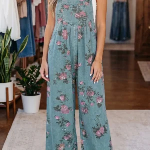 Beau Blue Floral Pleated Denim Jumpsuit — High-Waist, Wide-Leg Overalls