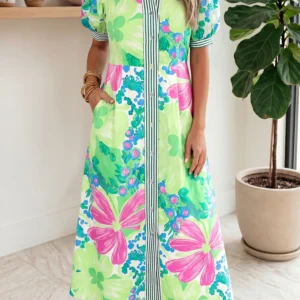 Green Stripe Floral Button-Down Dress with Short Sleeves and Pockets