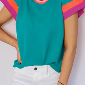 Turquoise Flutter Sleeve Knitted Sweater Perfect for Summer Color Block Styling with Ruffle Sleeves for Southern Belle Daily Wear