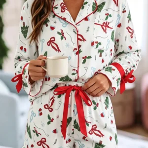 White Christmas Print Ruffle Cuff Lounge Set
