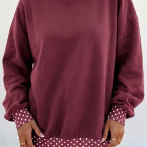 Burgundy Colorblock Polka Dot Oversized Sweatshirt with Contrast Trim