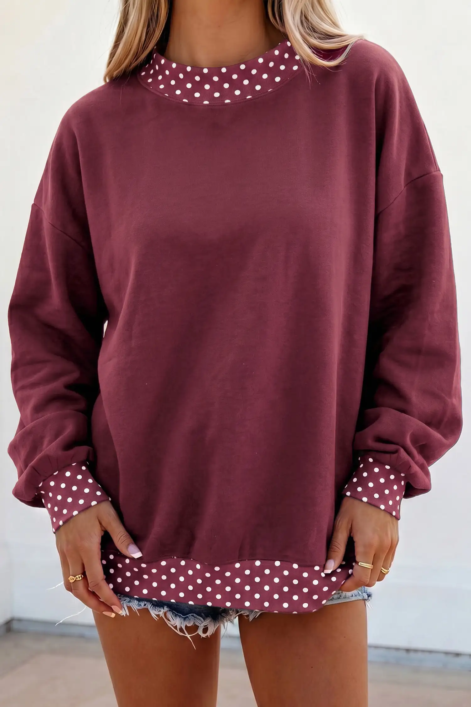 Burgundy Colorblock Polka Dot Oversized Sweatshirt with Contrast Trim